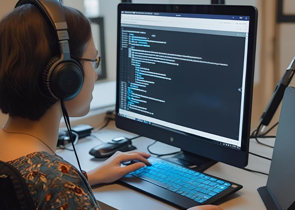 Ženska, ki za branje potrebuje čitalnik zaslona, sedi sproščeno in brska po spletnih straneh